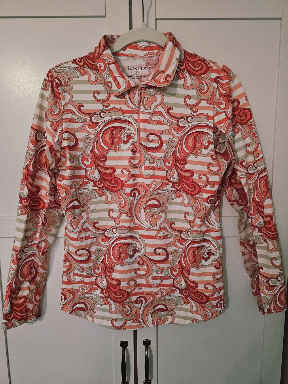 ICIKULS Coral Paisley Long Sleeve Zip Golf Top Small Pickleball Tennis